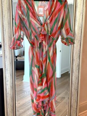 Cult Gaia  Pink, Green & Coral Striped Chiffon Maxi Dress- size M